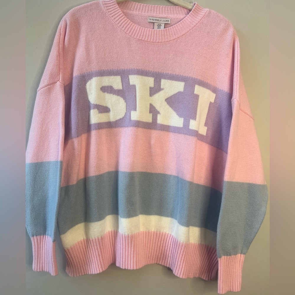 Sincerely Jules Pink Blue Lavender Crew Neck Sweater Ski Machine Wash Fun Cozy